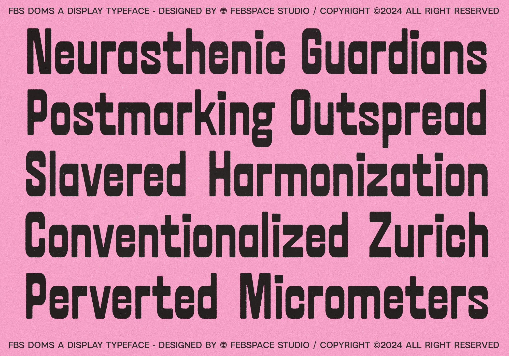 Bold black sans serif on hot pink background displaying FBS Doms display typeface specimen