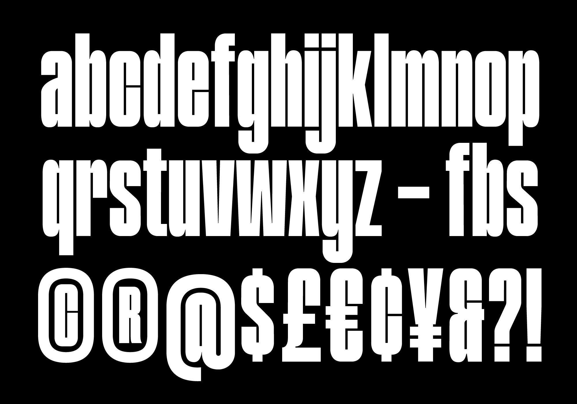 Bold condensed sans serif font showing uppercase letters, currency symbols and punctuation on black background perfect for typography design.