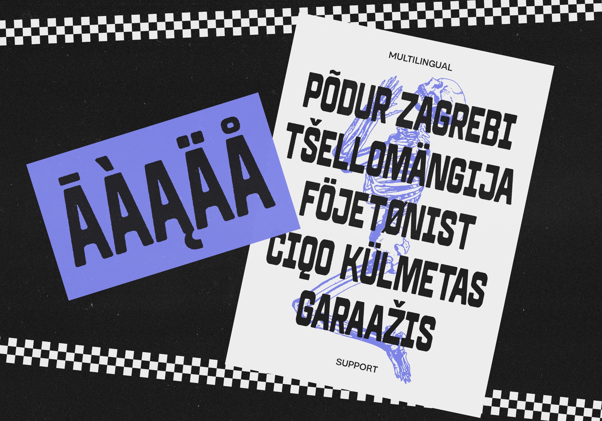Multilingual poster with bold text in Estonian, Lithuanian, Romanian featuring blue map illustrations