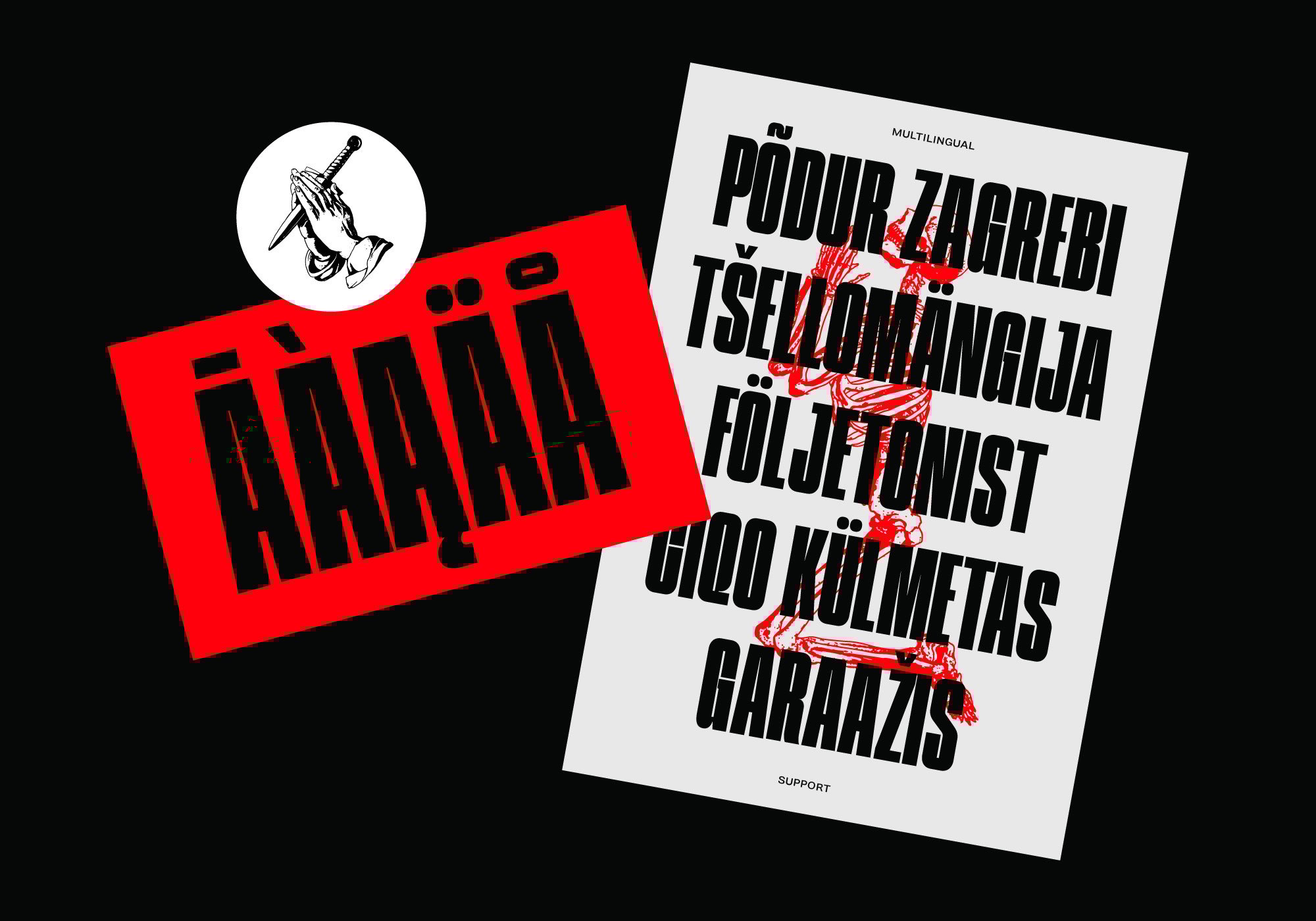Bold multilingual font poster design featuring black text on red and white backgrounds with graphic illustrations. Ideal for typography design assets.