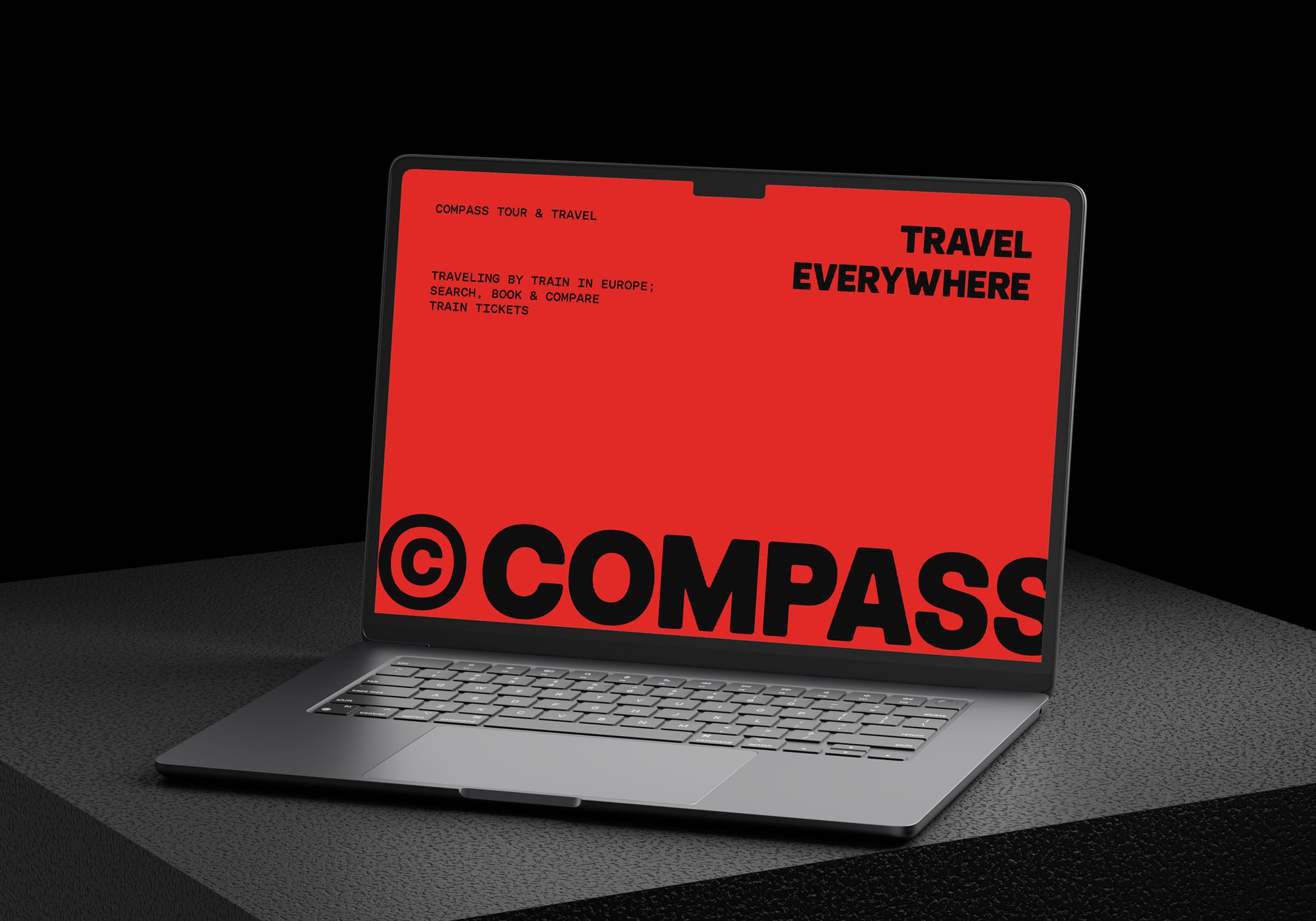 Laptop screen displaying red travel website mockup for Compass Tour