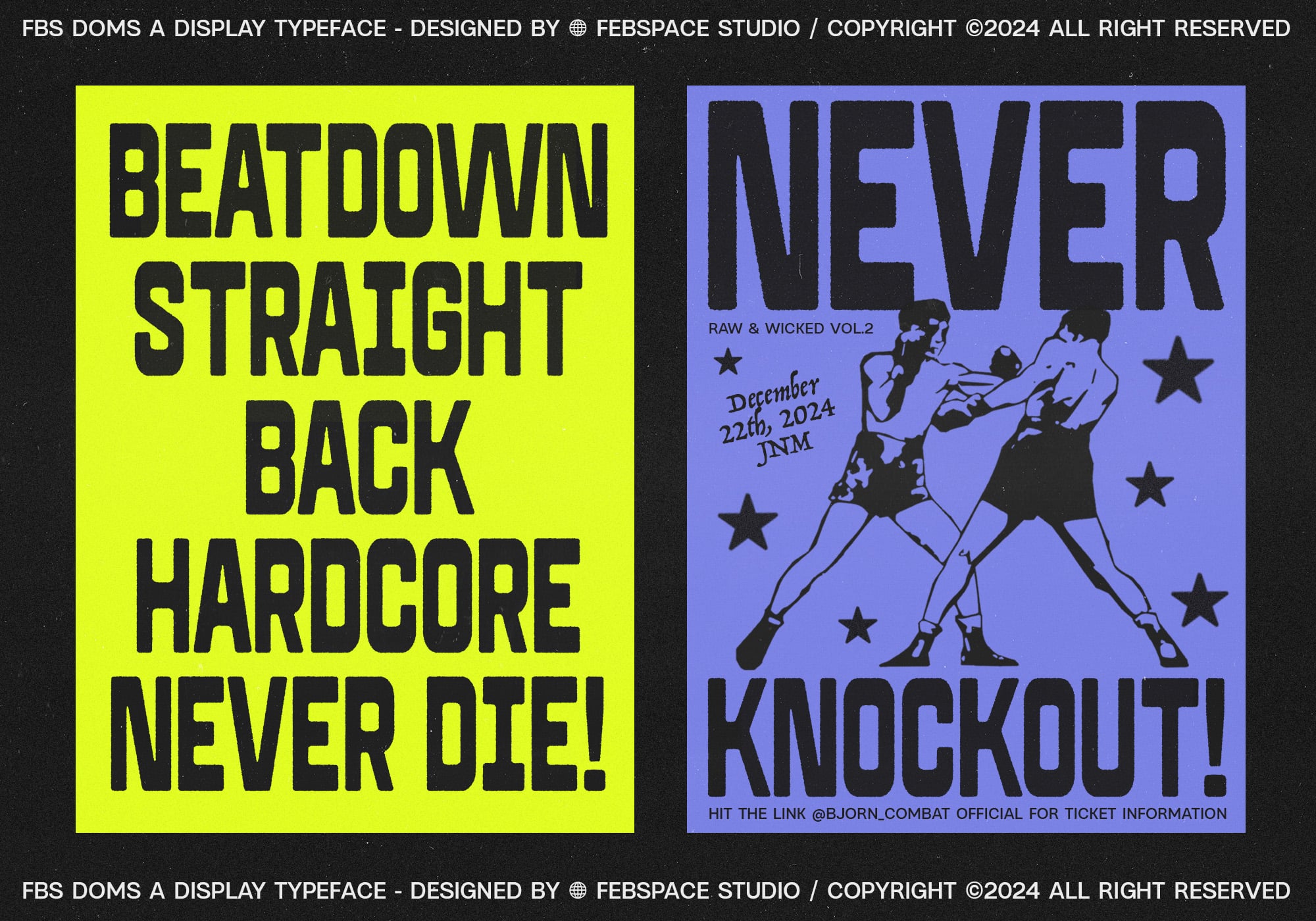 Two poster designs using FBS DOMS font, yellow left side blue right with graphics