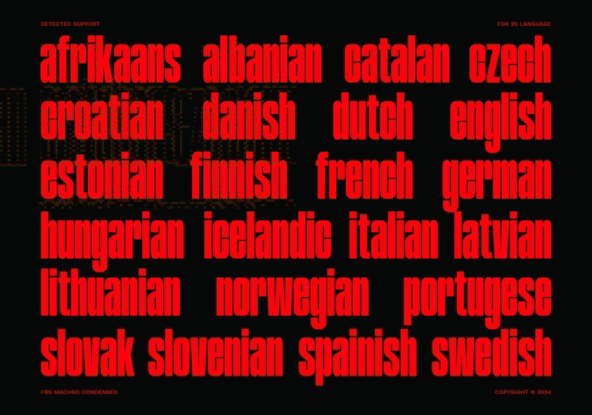 Bold red text listing various languages in a modern condensed font. Typography graphic suitable for digital design assets and templates.