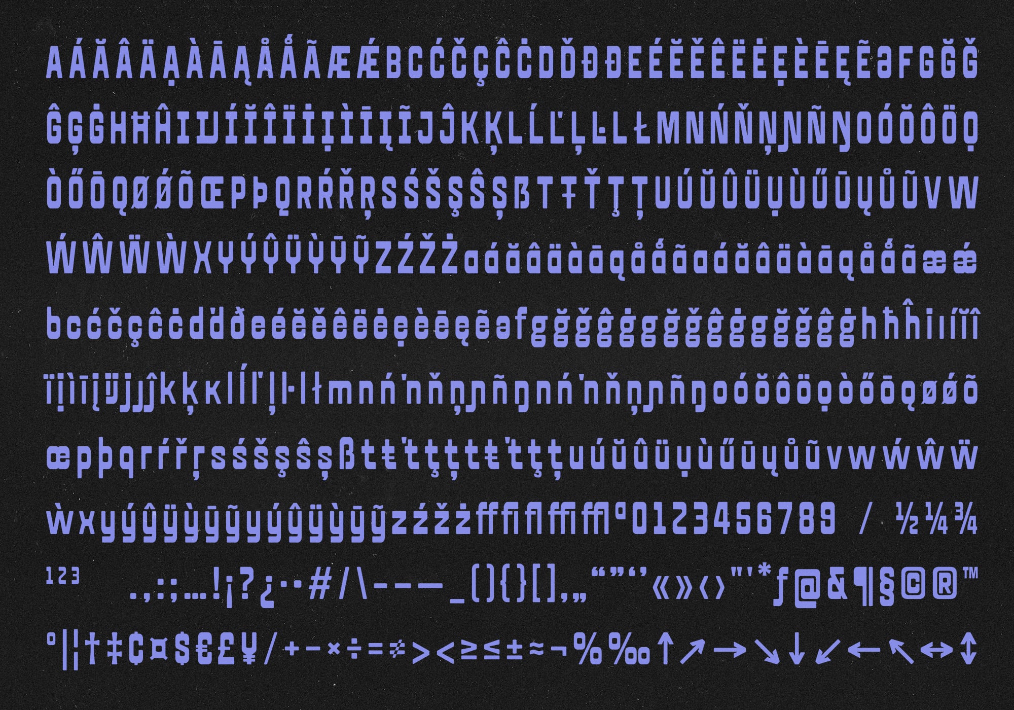 Full extended character set showing accented international letters, numbers, symbols