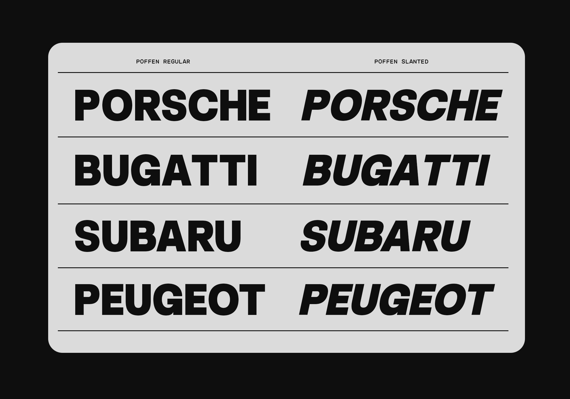 Poffen typeface shown in regular plus slanted styles with car brand names