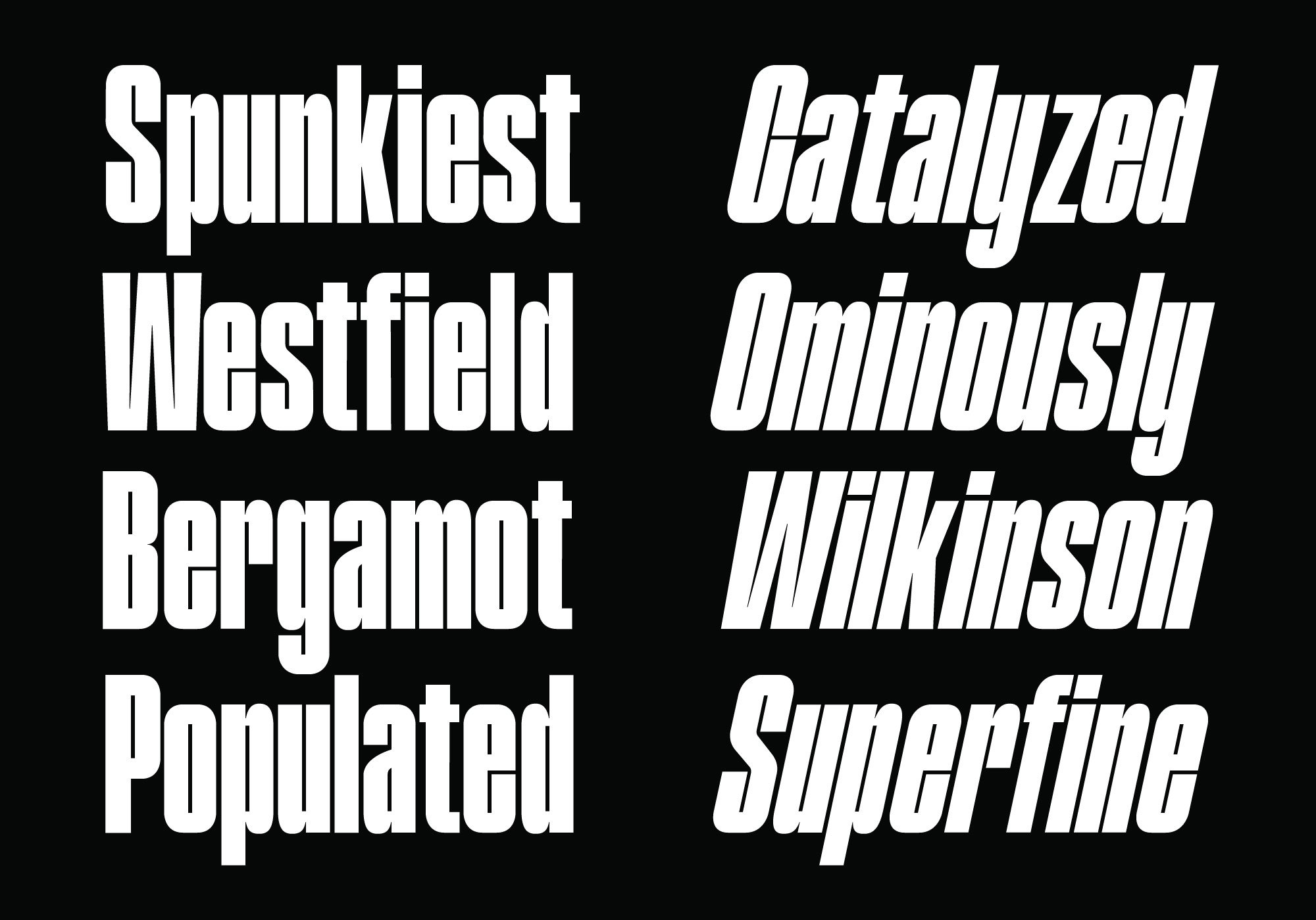 Bold white font text on a black background with words showcasing a modern typeface design perfect for graphic design templates and mockups.