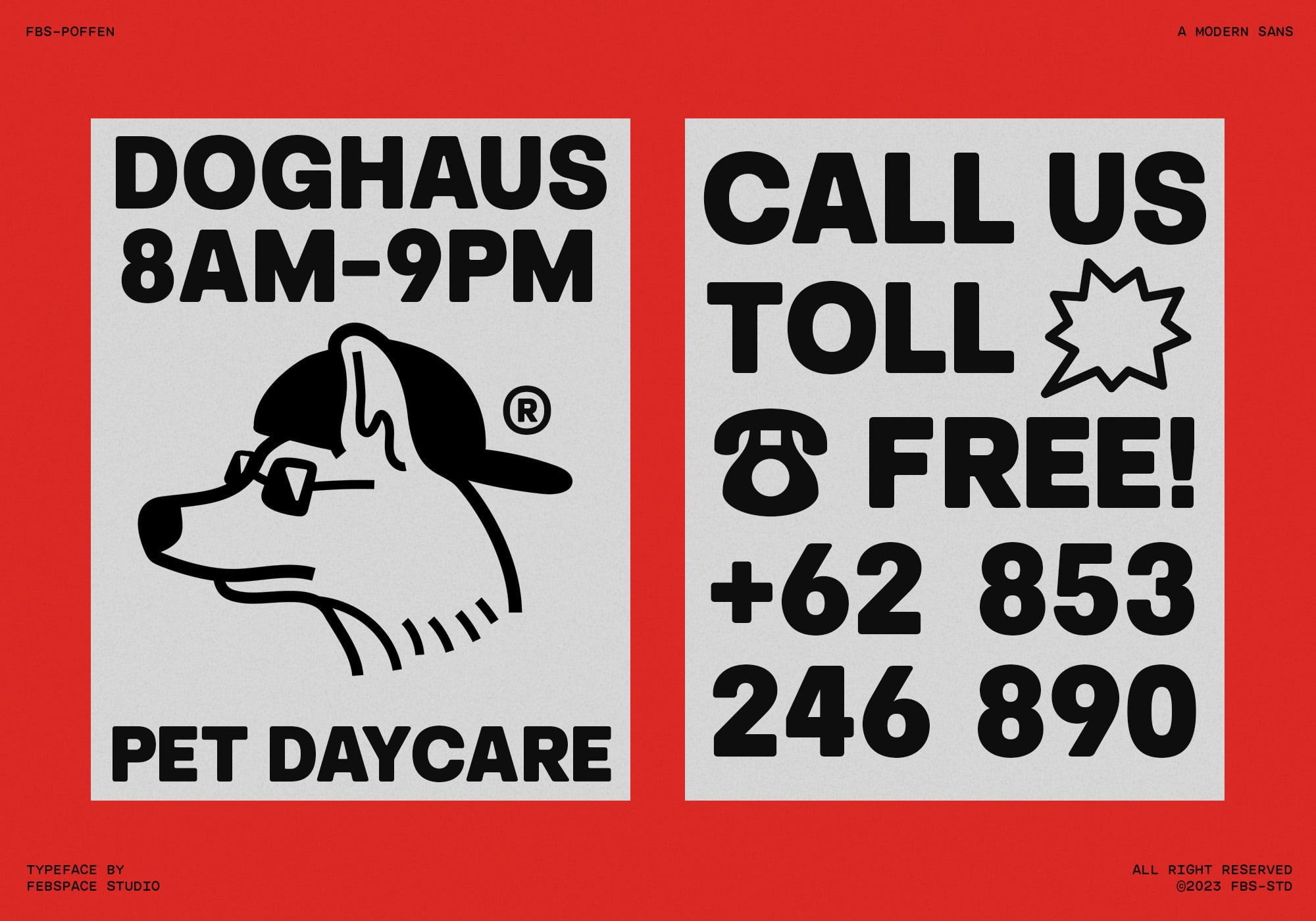 Retro pet daycare flyer mockup with bold sans serif type on bright red background
