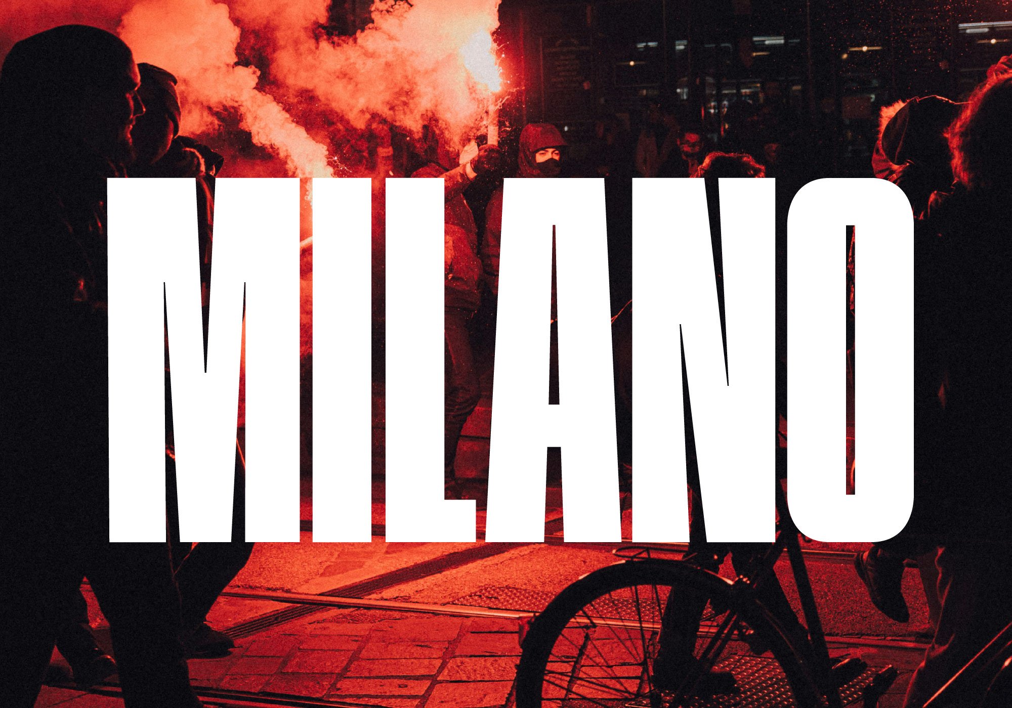 Bold MILANO text overlay on a dynamic night street scene with red lighting and silhouettes. Urban design, typography, digital graphics asset for designers.