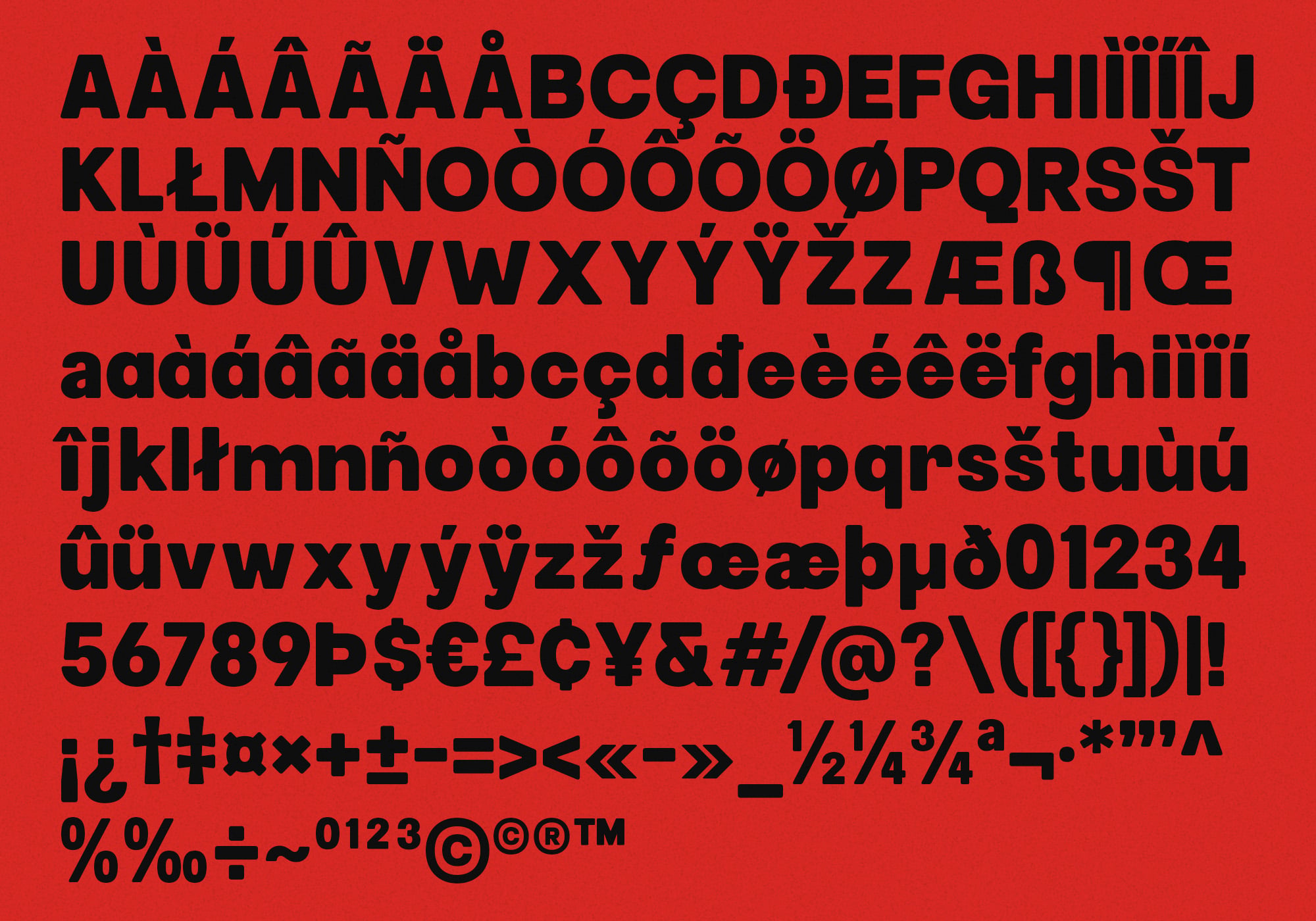 Bold sans serif with extensive diacritical marks, numbers, symbols on bright red background