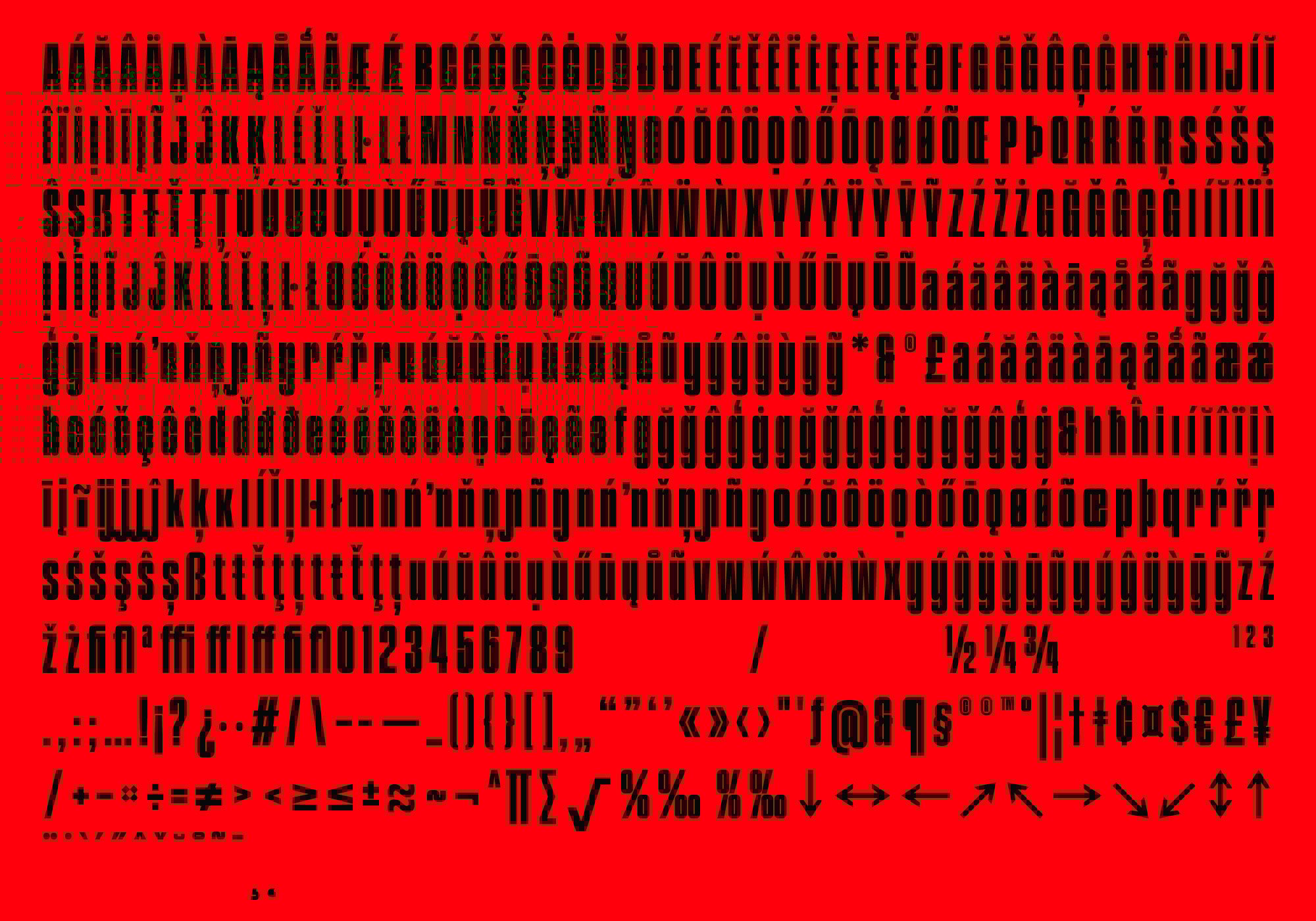 Bold black uppercase and lowercase sans-serif font set on red background for designers. Includes letters punctuation and diacritics. Font design asset.