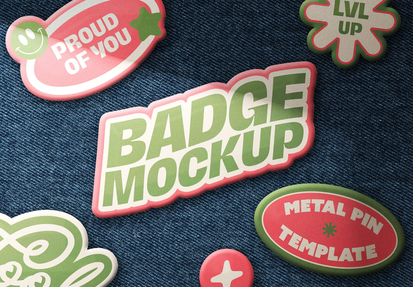 Pink neon badge mockup with green lettering on textured denim background