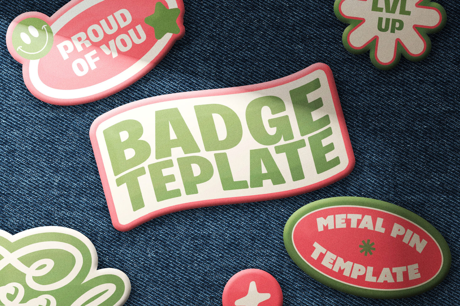 Colorful badge mockup set with pink, green shapes on denim fabric background