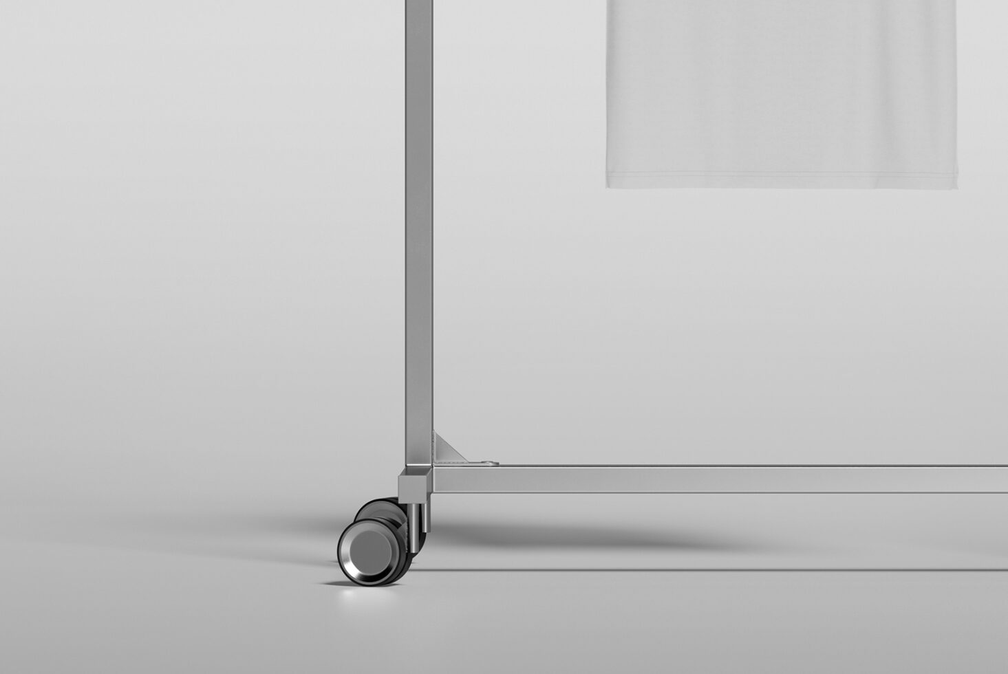 Rolling rack base detail showing caster wheel on aluminum frame
