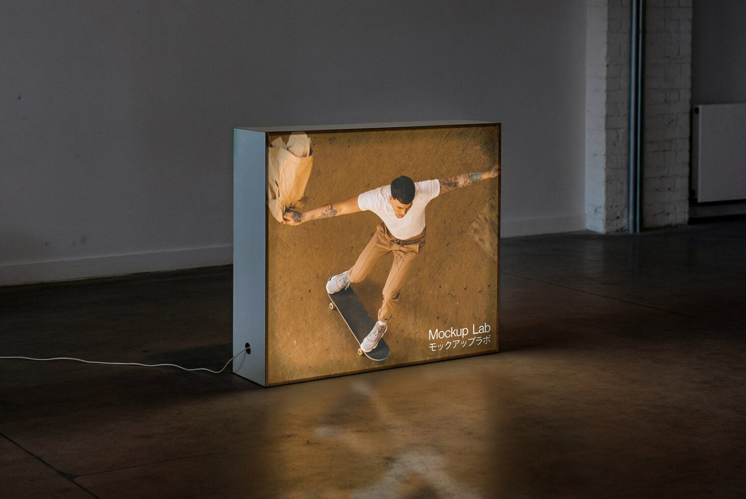Horizontal lightbox displaying skateboard image with soft color wash