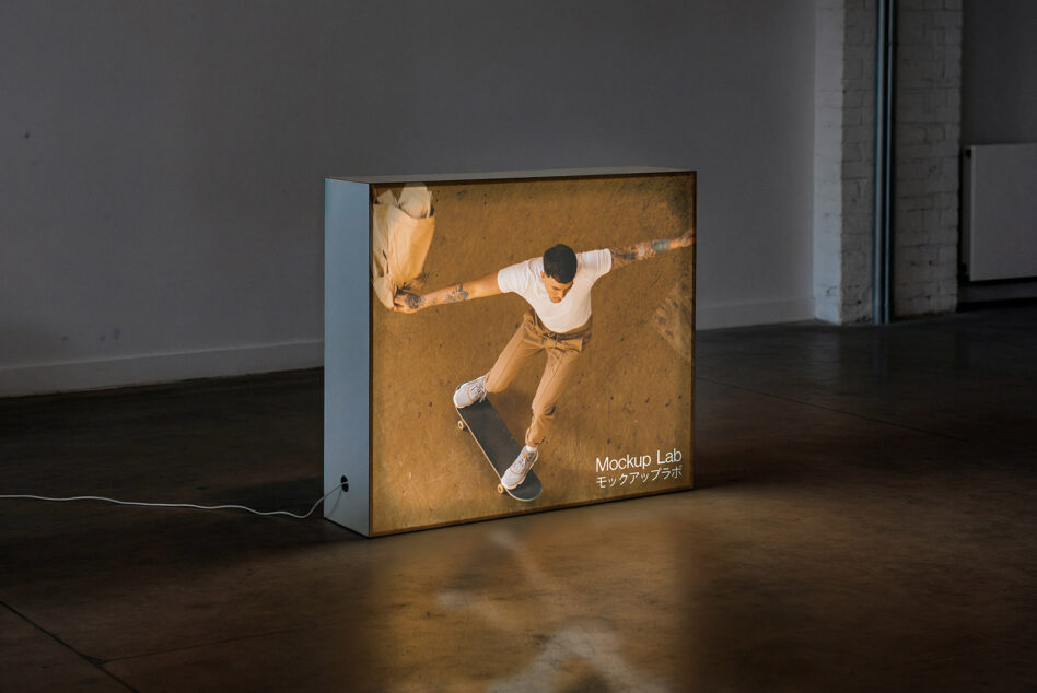 Horizontal lightbox displaying skateboard image with soft color wash