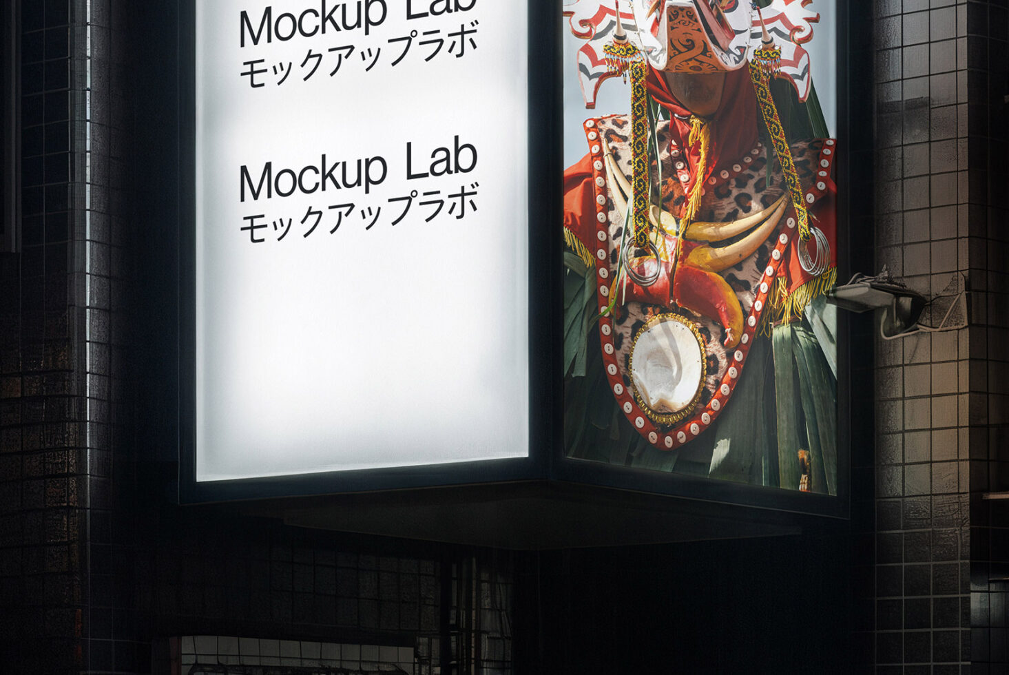 Backlit storefront window with white panel on left side next to vibrant cultural artwork on right