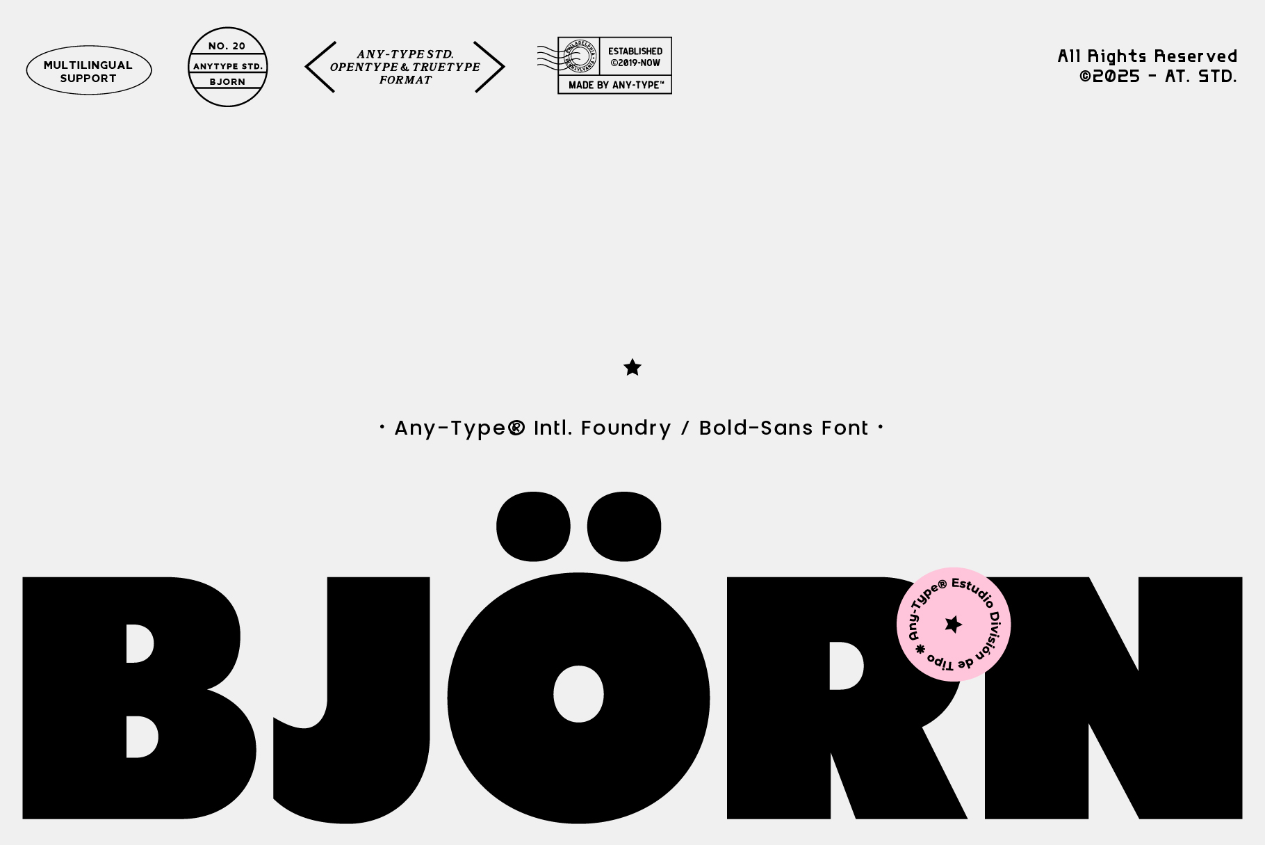 Bjorn bold sans typeface showing large black letters with geometric badges