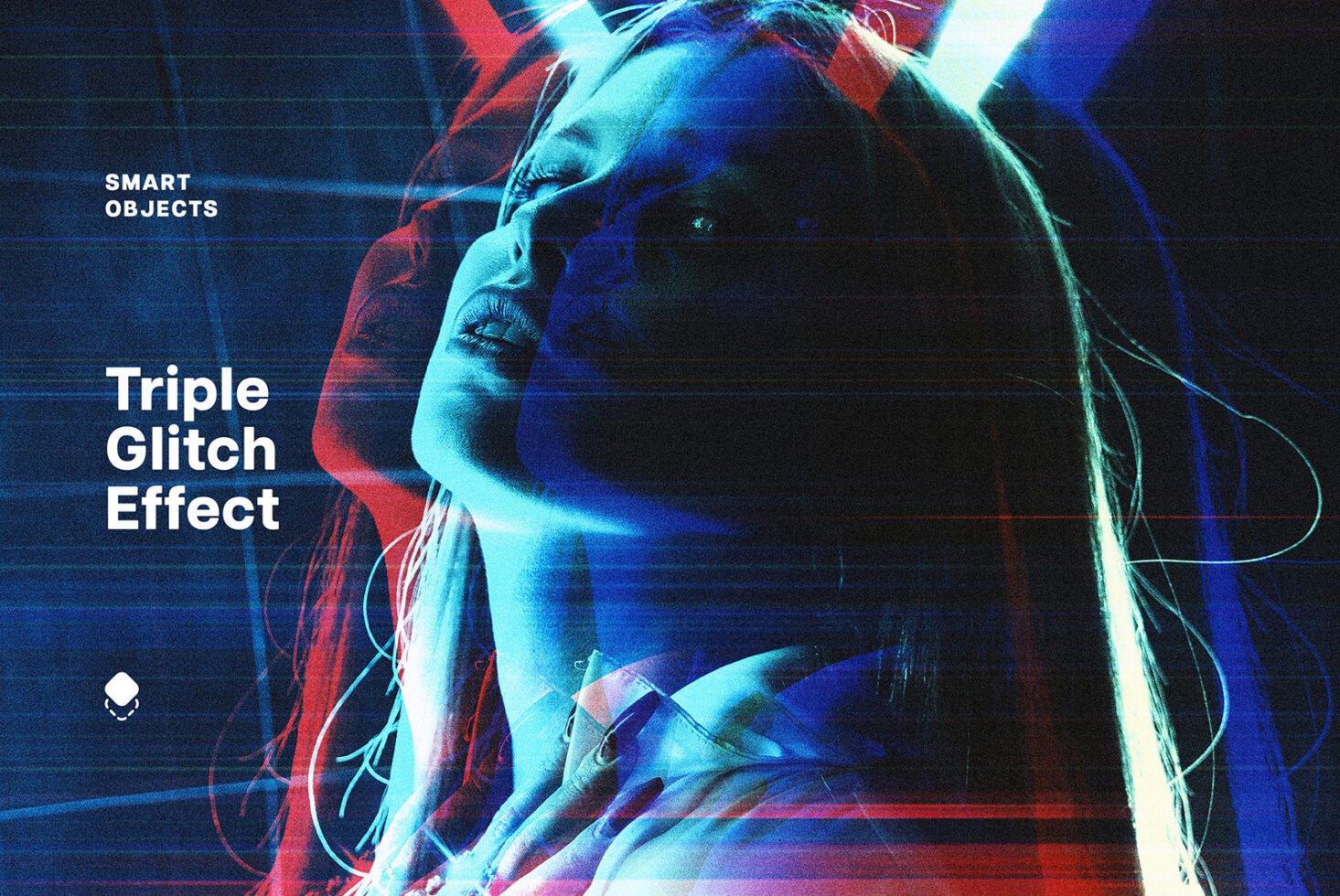Glitched portrait with red blue cyan color separation lines, scanline effect overlay, neon aesthetic