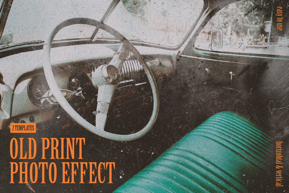 Vintage car interior with old print photo effect mockup templates showing steering wheel