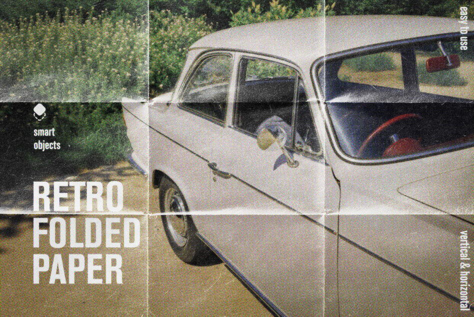 Cream vintage car folded paper texture with grid overlay on nature