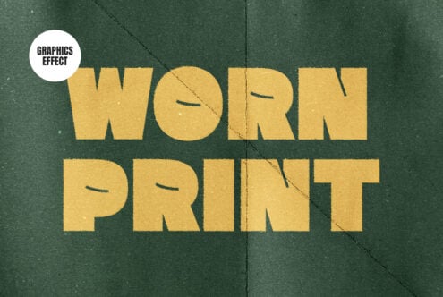 Worn Print in yellow letters on teal texture with fold lines