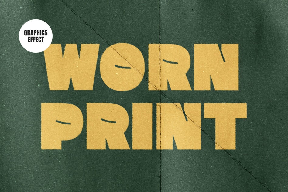 Worn Print in yellow letters on teal texture with fold lines
