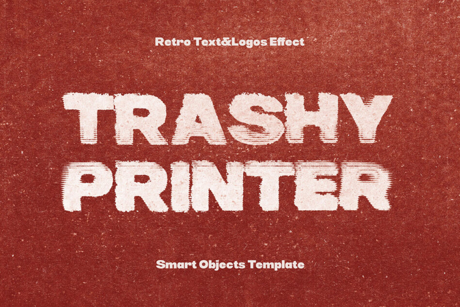 Distressed white text reading Trashy Printer on red textured background