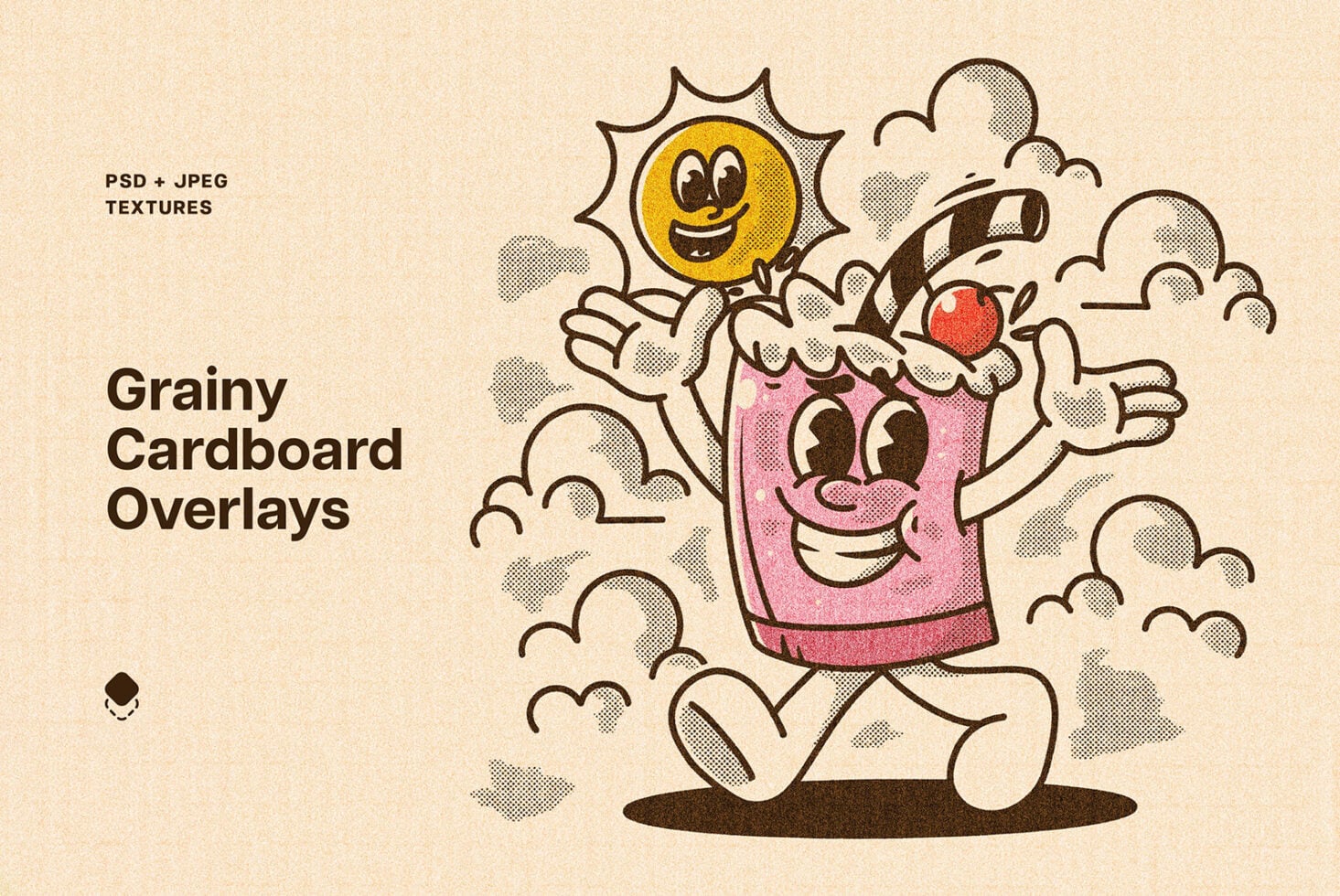 Cartoon house character with sun above clouds rendered in grainy cardboard texture style