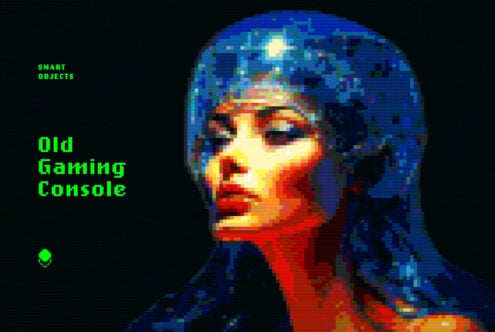 Low-res face with neon glitch effect, text reads Smart Objects Old Gaming Console