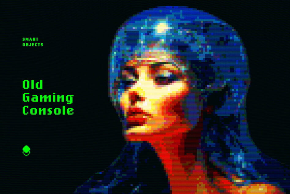 Low-res face with neon glitch effect, text reads Smart Objects Old Gaming Console