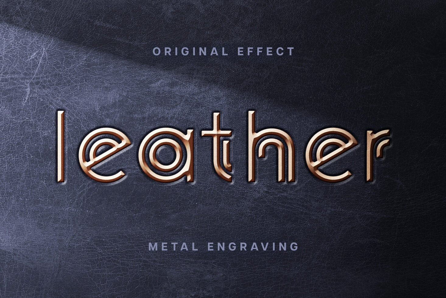 Copper metal engraved text reading leather on scratched dark surface mockup