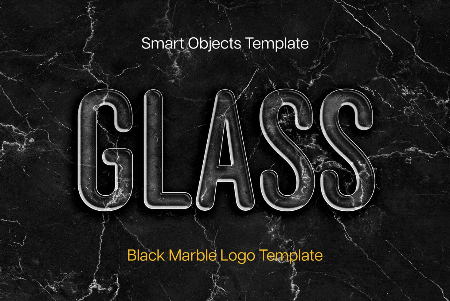 Glass text effect showing GLASS with Smart Objects Template on black marble