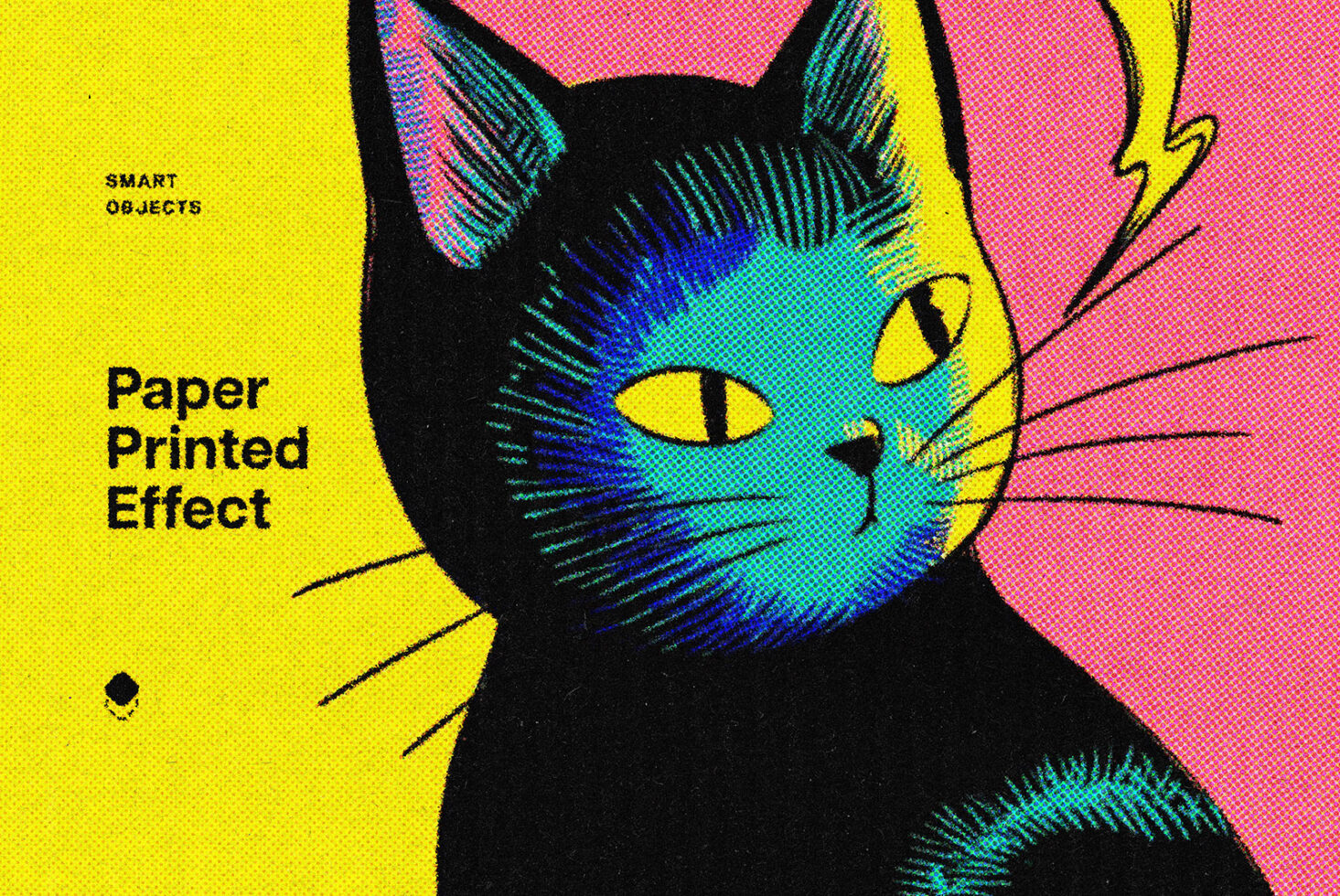 Colorful cat face with halftone dots on split pink yellow background