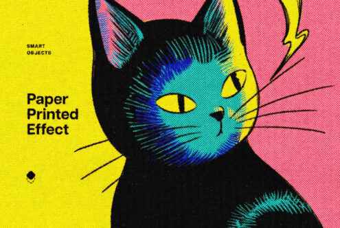 Colorful cat face with halftone dots on split pink yellow background