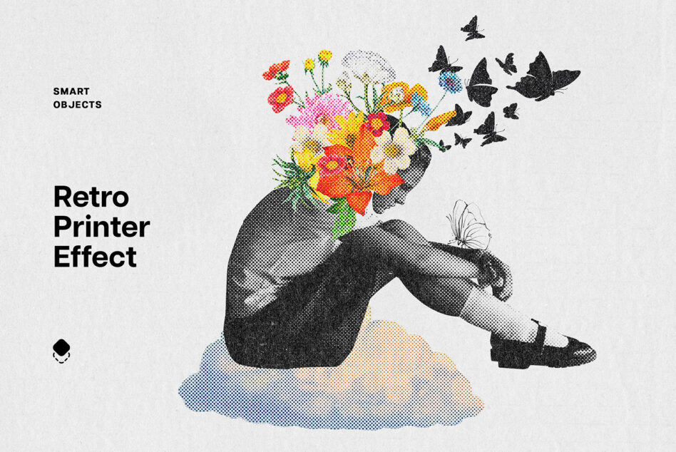 Figure holding flowers with flying butterflies in cmyk halftone printer effect