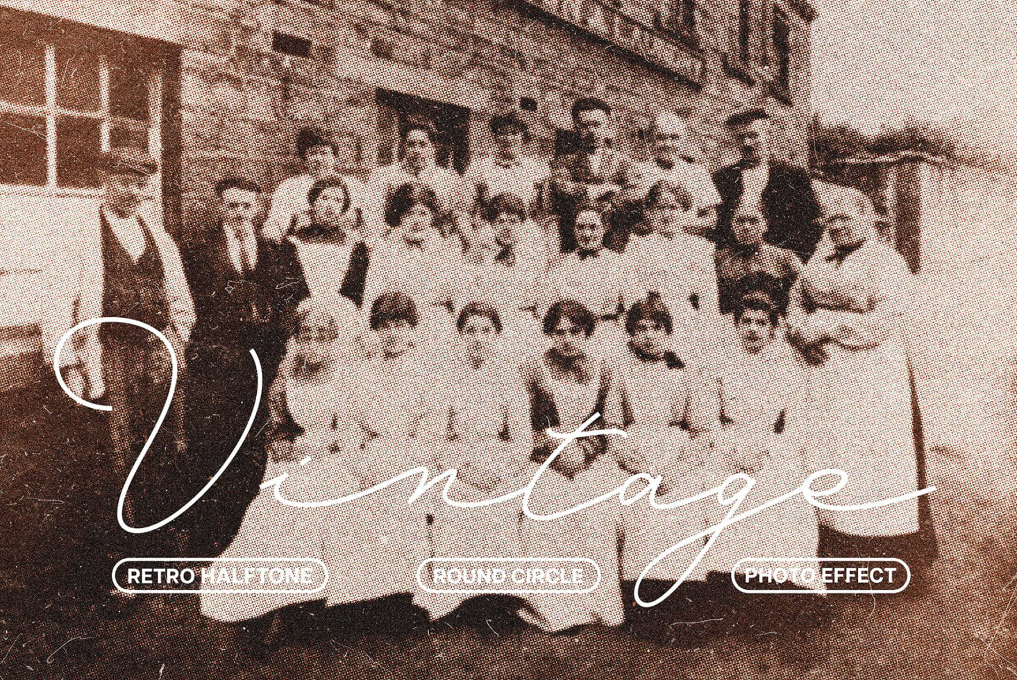 Halftone retro group photo with hand-drawn speech bubble overlay