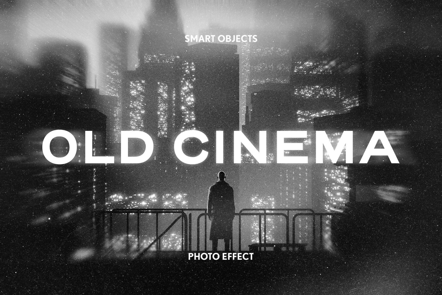 Noir cityscape with silhouette figure on balcony overlooking lit buildings below