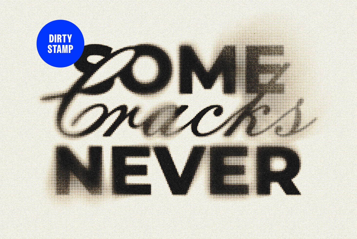 Distressed halftone text reading Zoom In Never with blue circular stamp