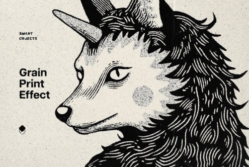 Unicorn head portrait with hatching line detail, halftone grain texture overlay