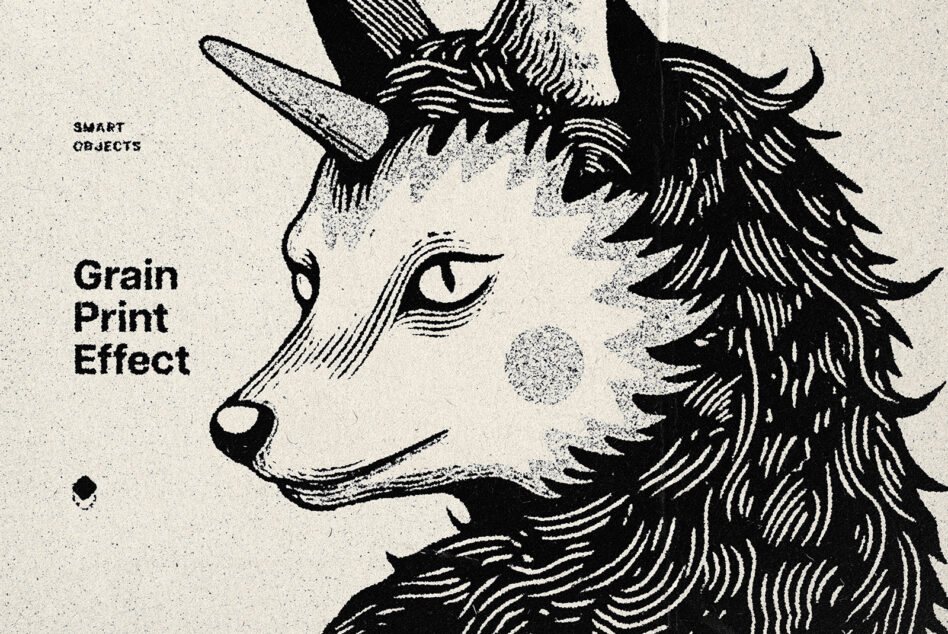 Unicorn head portrait with hatching line detail, halftone grain texture overlay