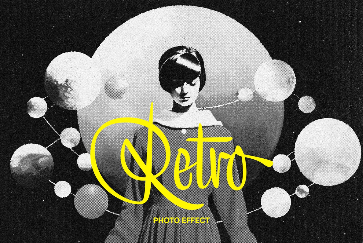 Vintage portrait with yellow neon script overlay on retro photo effect