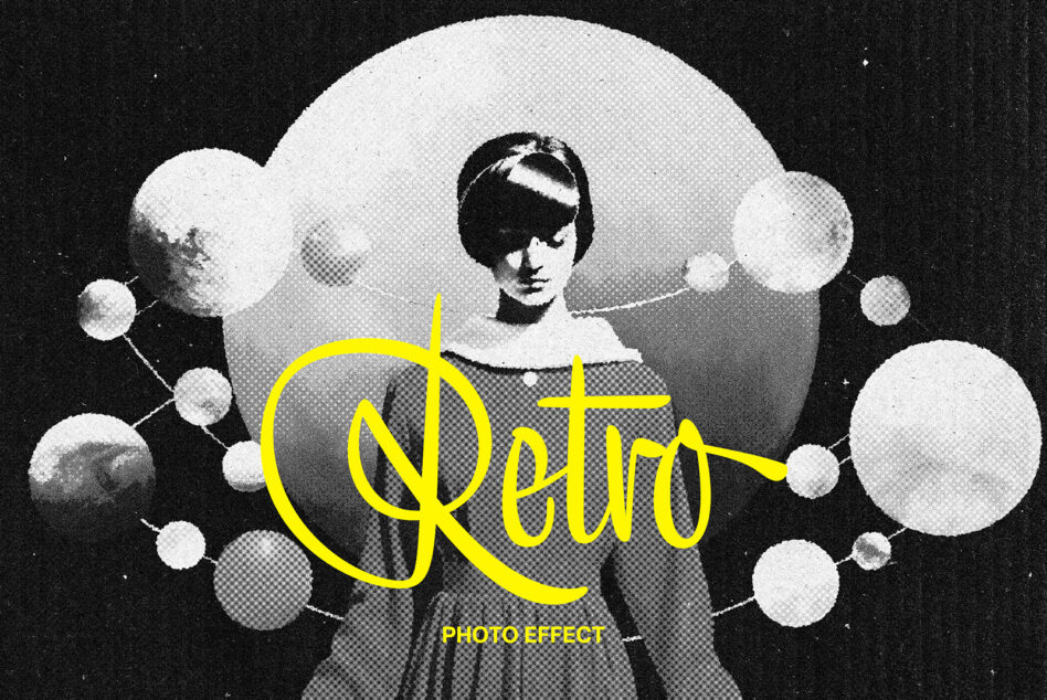Vintage portrait with yellow neon script overlay on retro photo effect