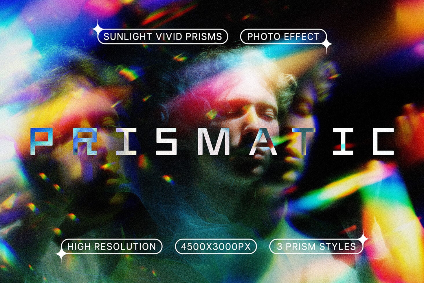 Prismatic light effect showcase with overlapping colorful refraction rays on dark background