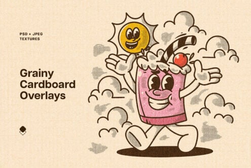 Cartoon house character with sun above clouds rendered in grainy cardboard texture style