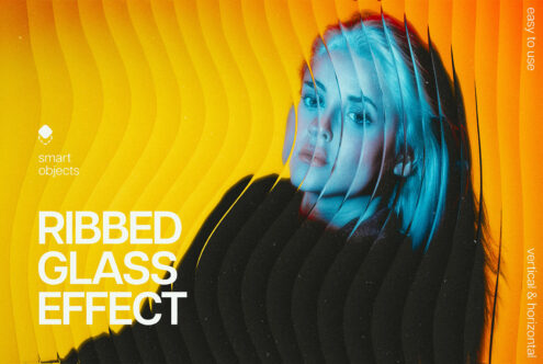 Girl with blue hair against yellow-orange gradient background, ribbed glass distortion effect overlay on face