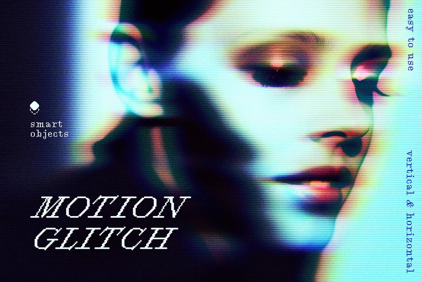 Motion glitch effect on face with text overlay, heavy color noise