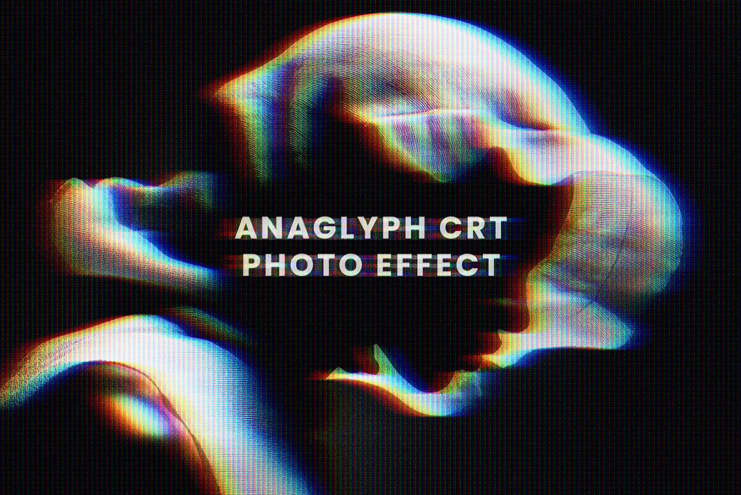 Glitchy portrait with chromatic aberration, neon color fringing on dark background