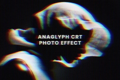 Glitchy portrait with chromatic aberration, neon color fringing on dark background