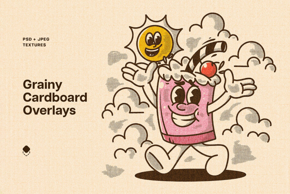 Cartoon house character with sun above clouds rendered in grainy cardboard texture style