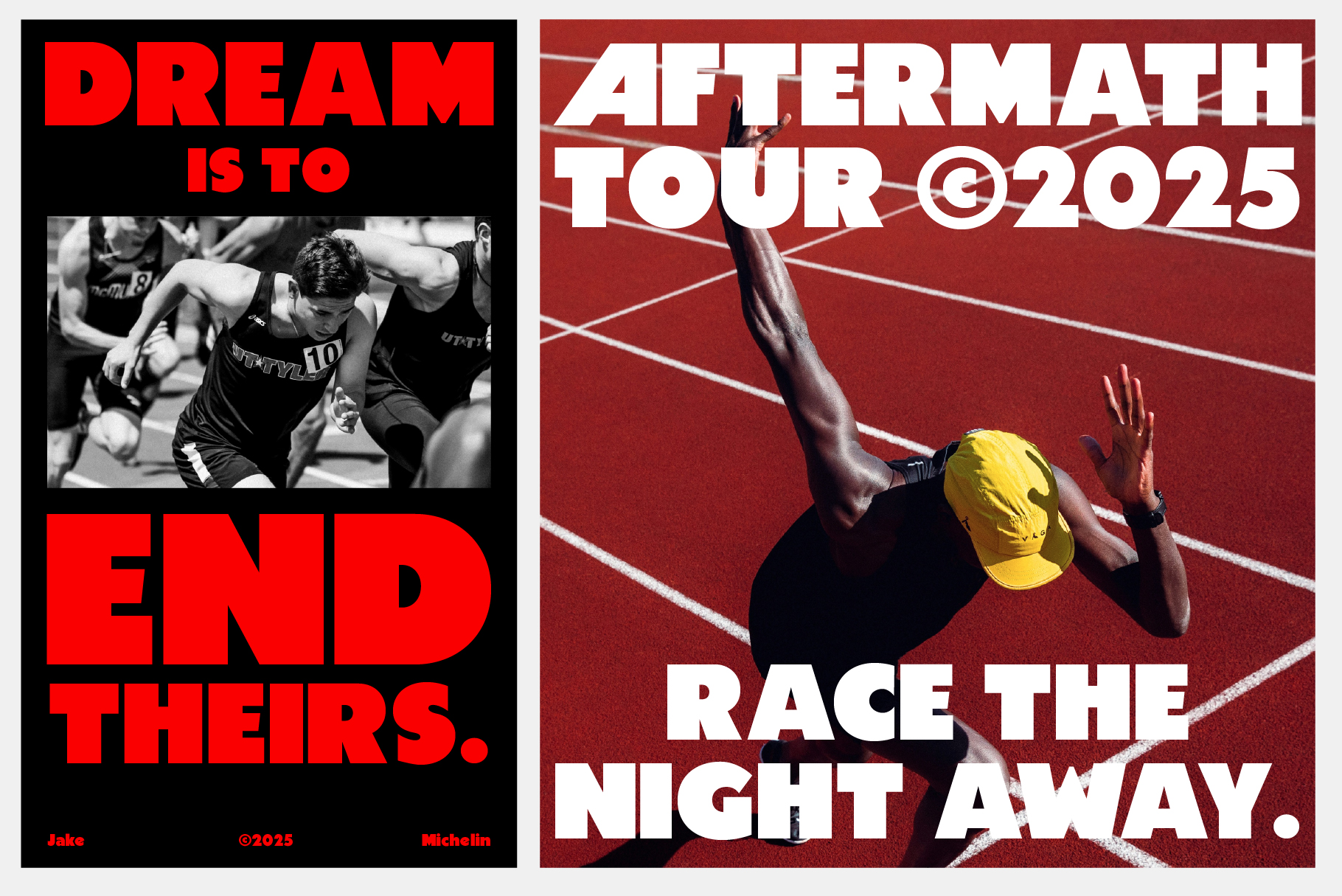 Two sport posters with bold red typography over athlete photography layouts
